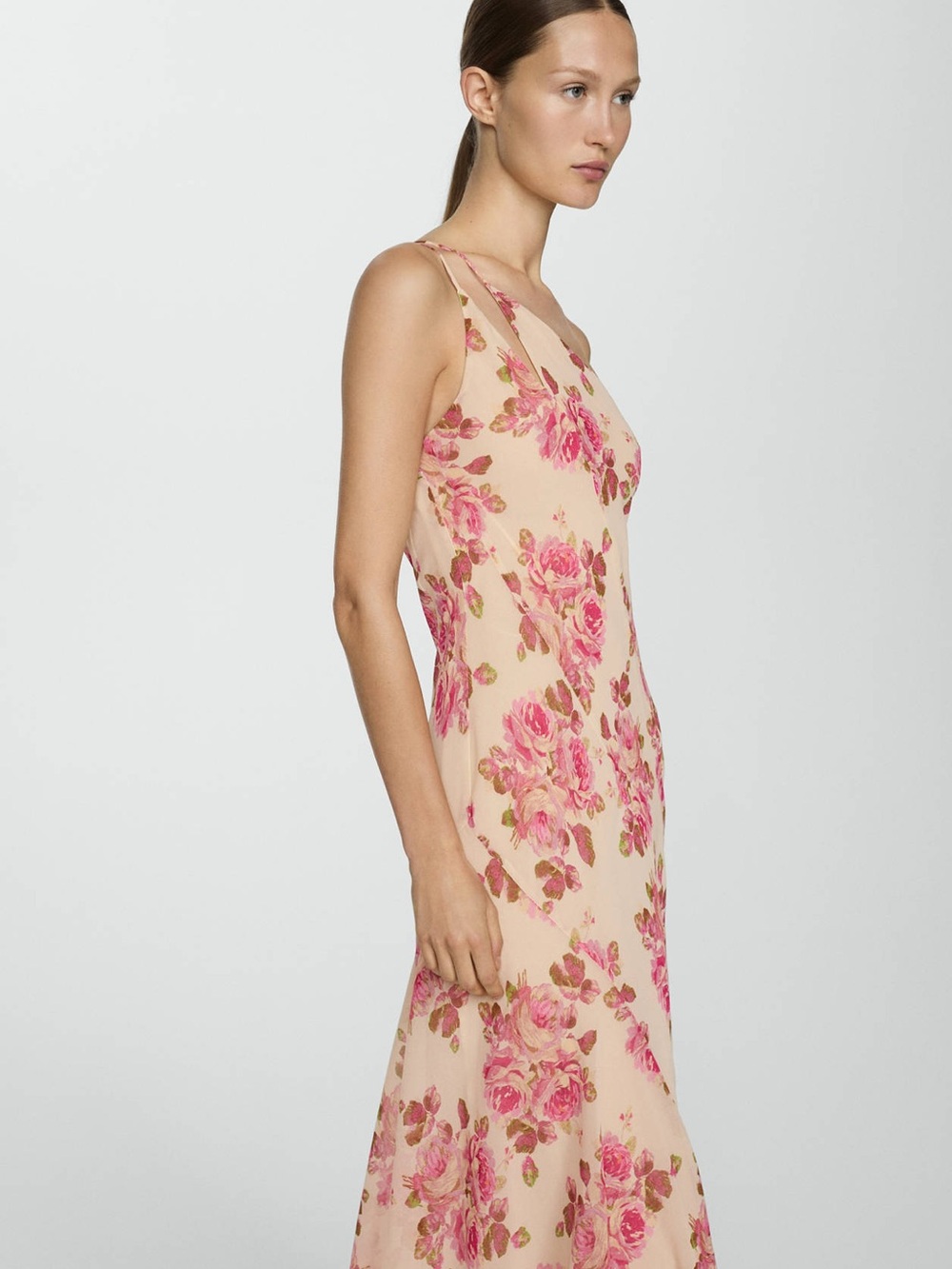 Selection MNG Mango Floral bias cut slip dress one shoulder maxi pink
